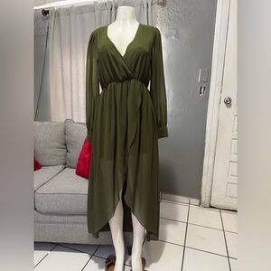 Olive Green Long Sleeve Wrap Dress